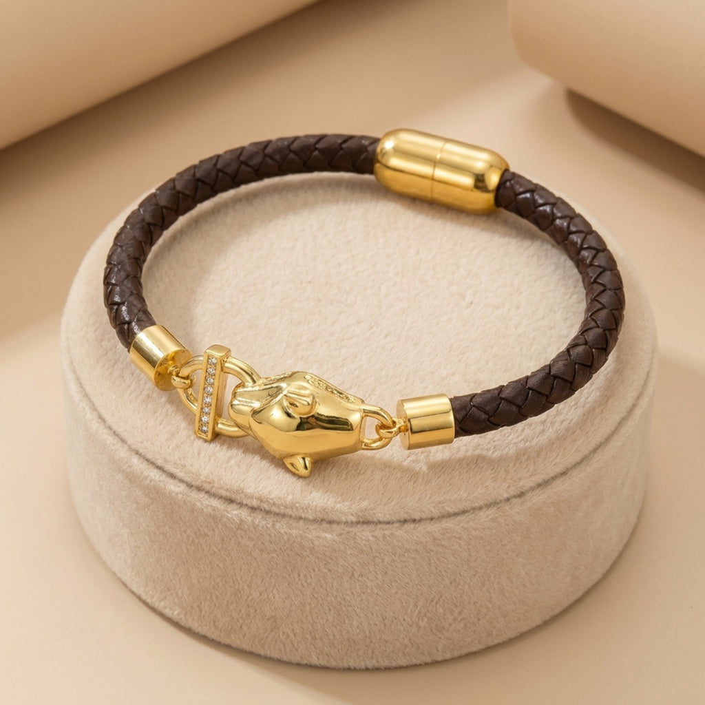 Bracelet Léopard Royal en Cuir Tressé et Acier