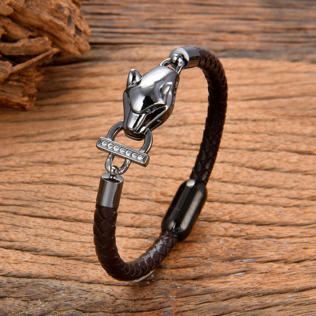Bracelet Léopard Royal en Cuir Tressé et Acier
